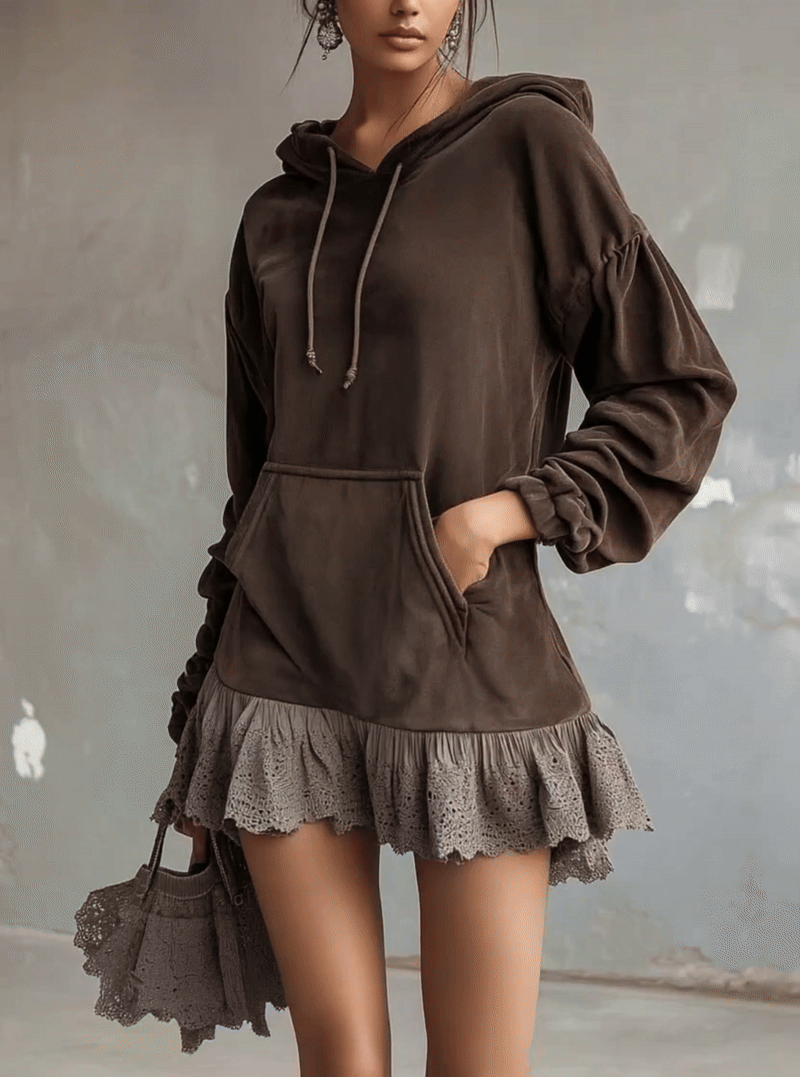 Dark Brown Faux Suede Hooded Mini Skirt With Lace Paneling