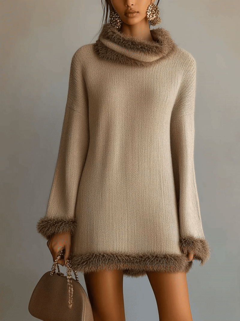 Beige Knitted Mini Dress With Brown Plush Trim