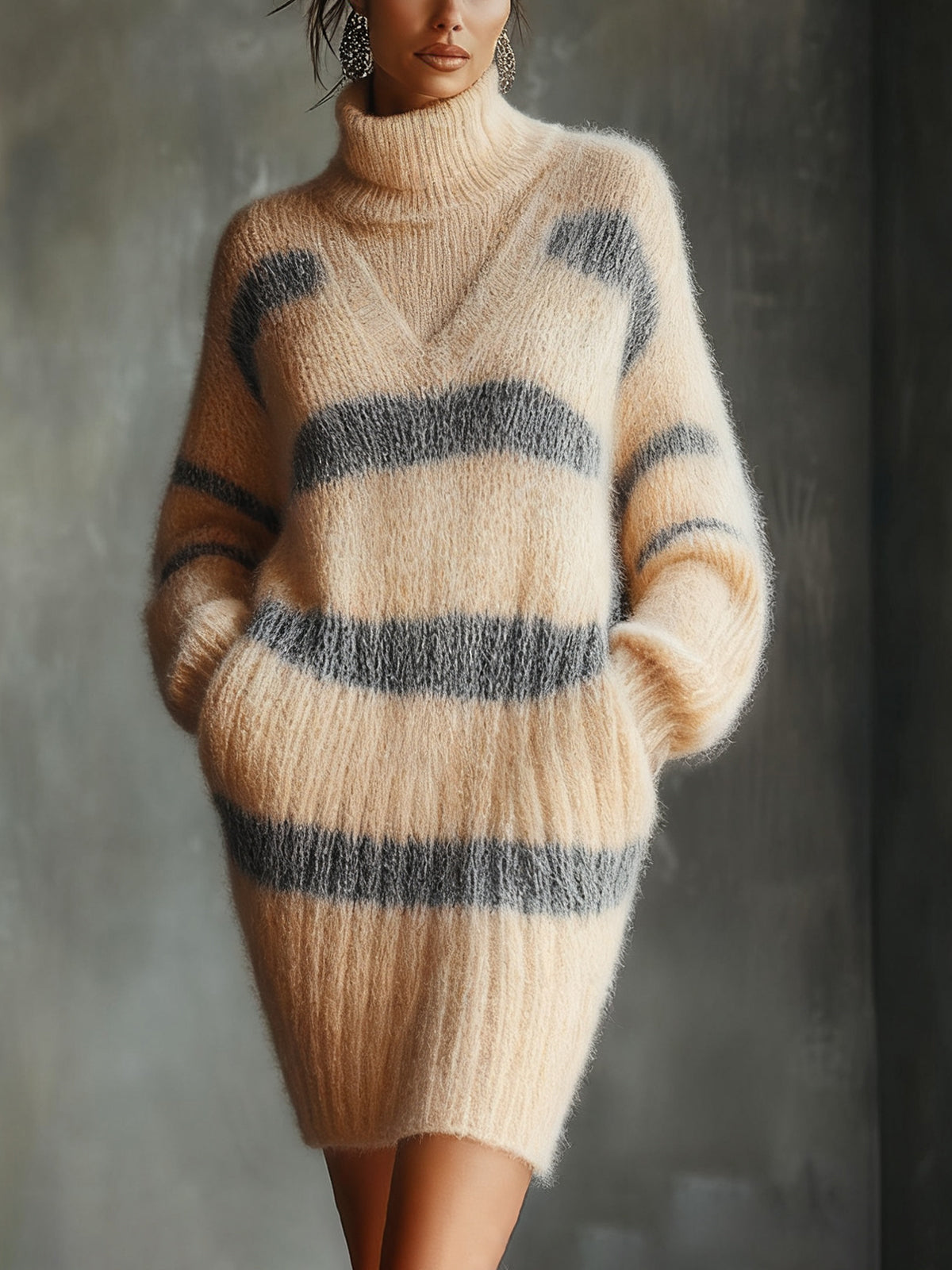 Cream And Grey Striped Fuzzy Turtleneck Sweater Dress