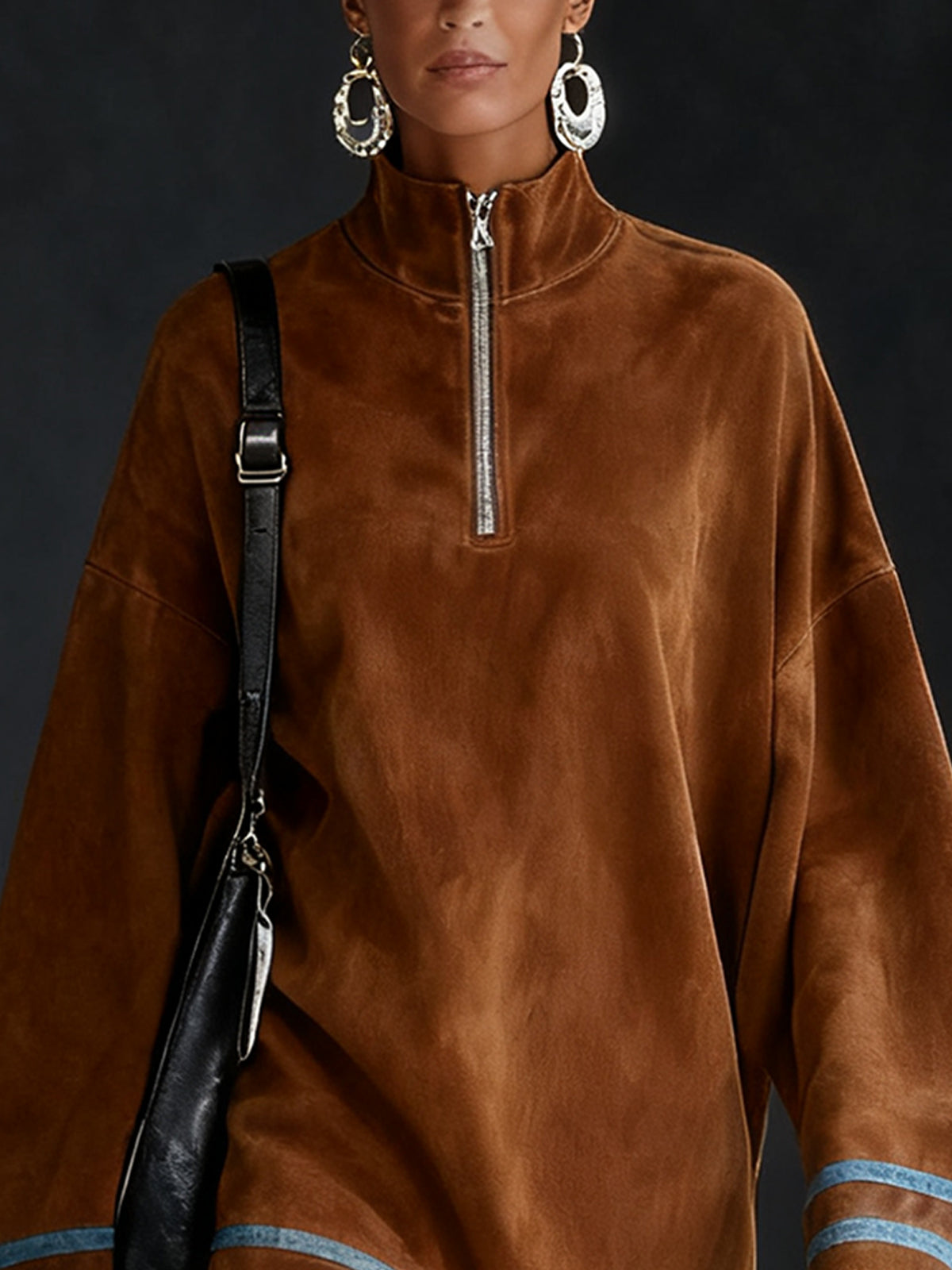 Brown Faux Suede High-Neck Frayed Hem Oversized Mini Dress