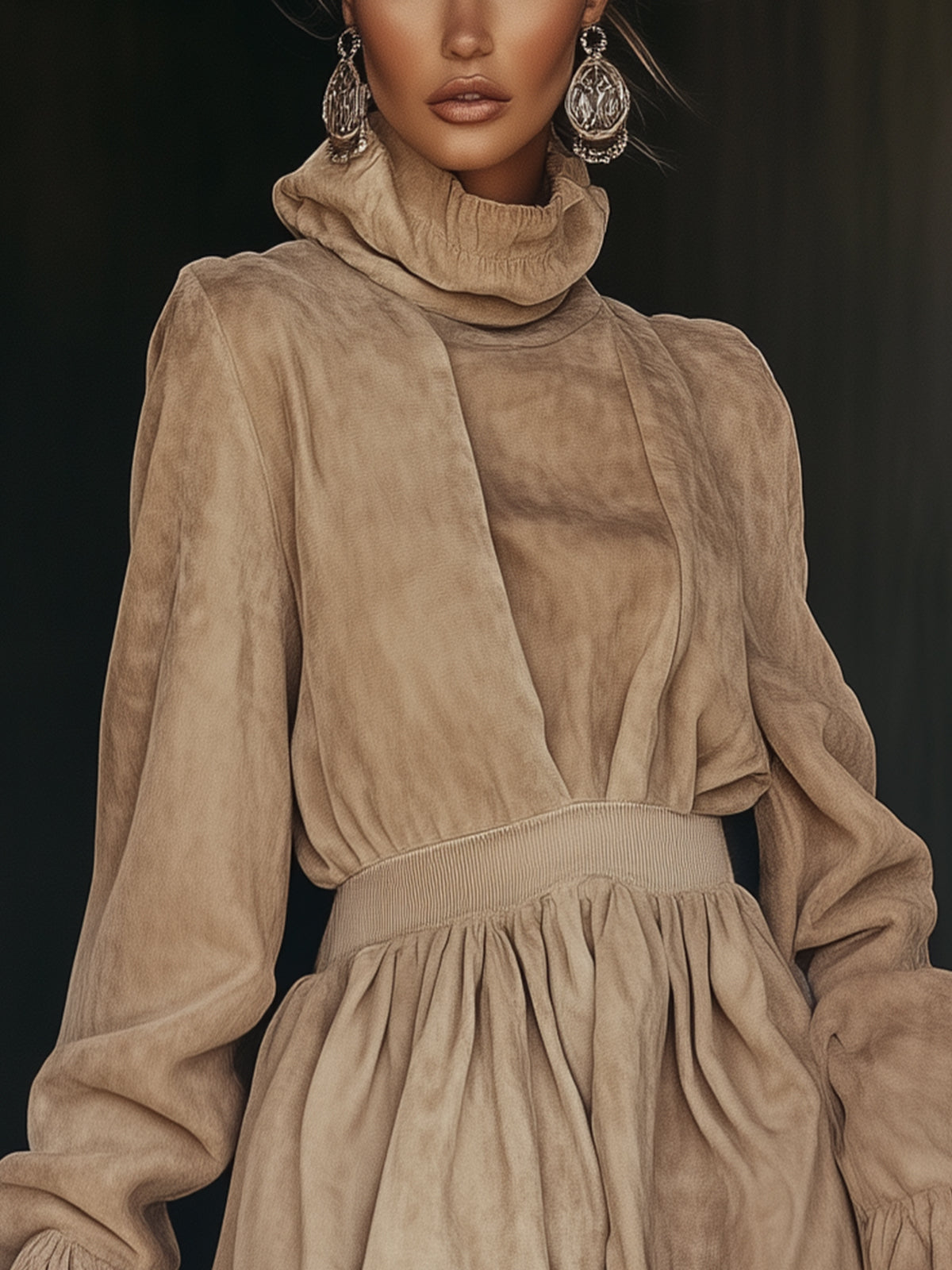 Khaki Ruffle Hem High-Neck Dress With Elastic Wais
