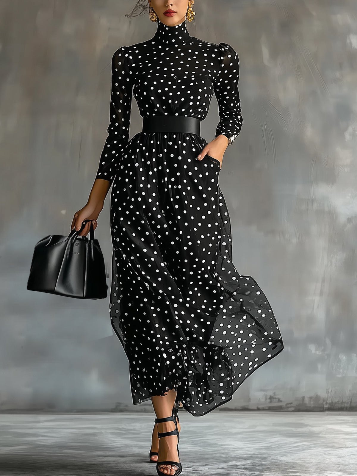Black Polka Dot High Neck Maxi Dress With Long Sleeves