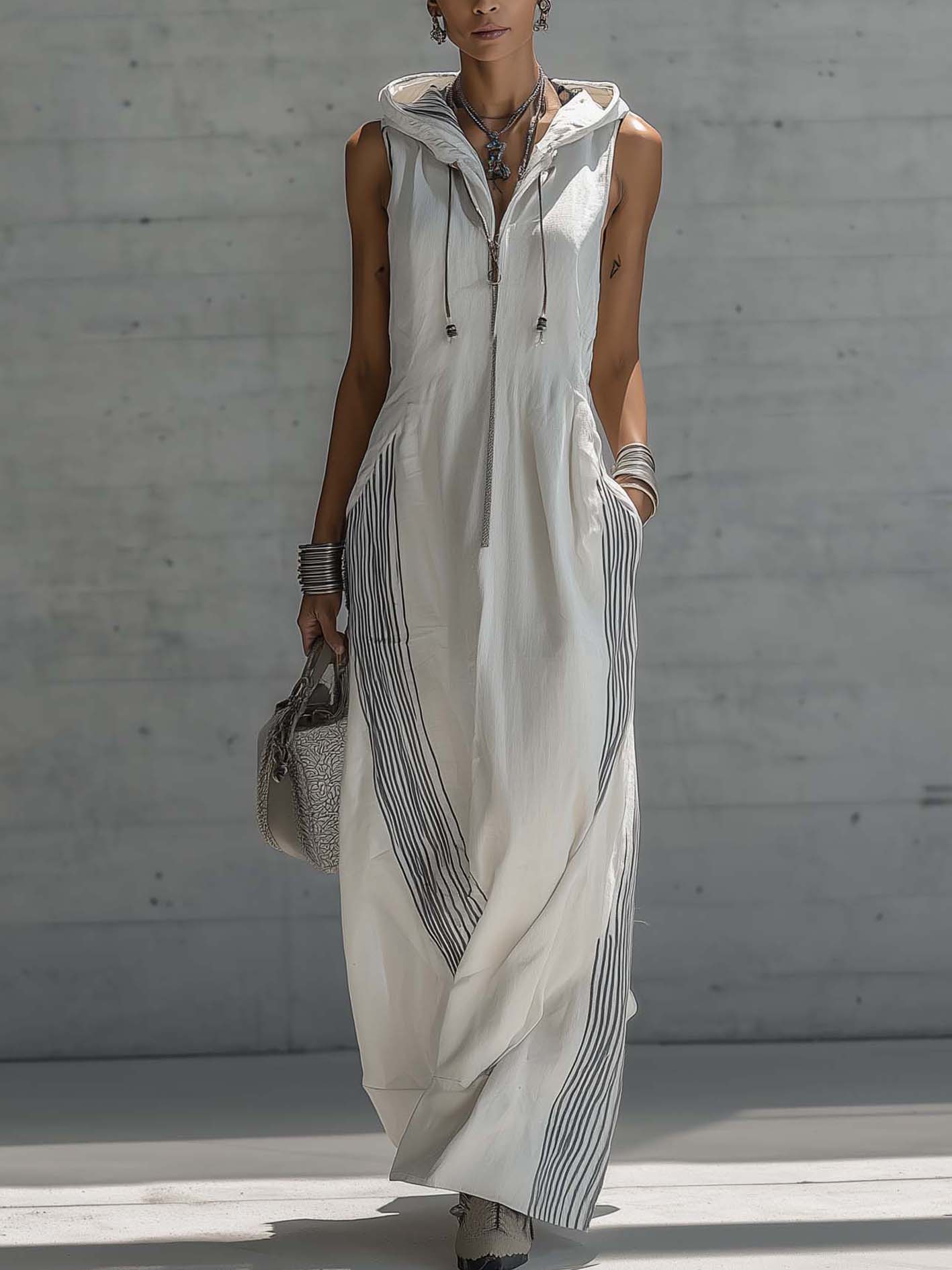 White Cotton Linen Sleeveless Hooded Maxi Dress With Zipper And Stripe