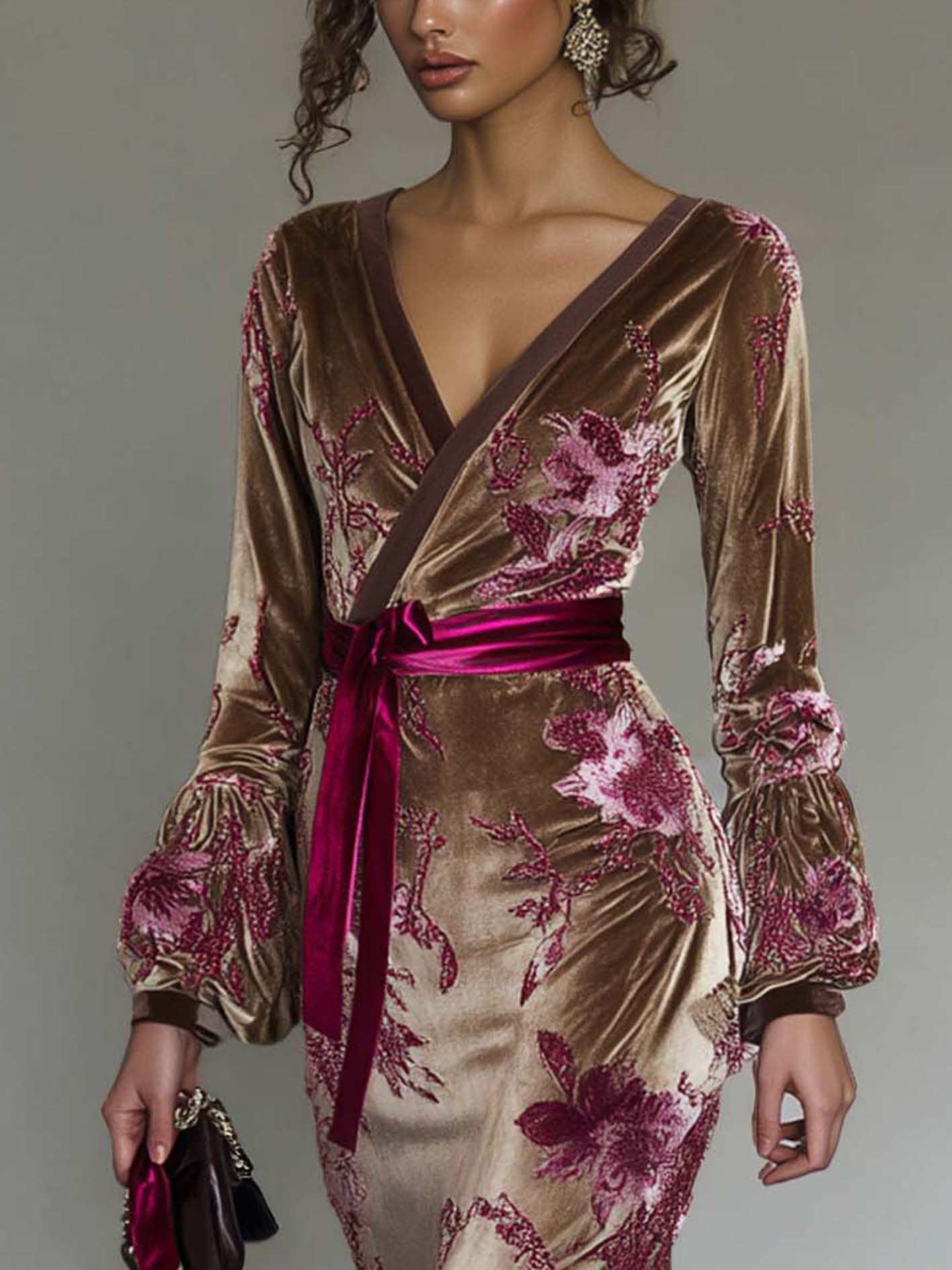 Brown Velvet Bodycon Dress With Pink Elegant Flowers And Belt