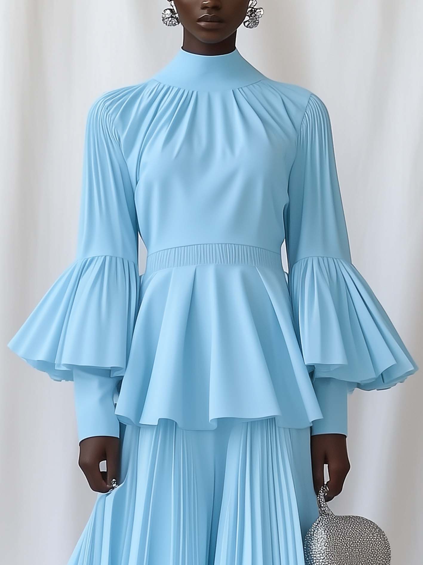 Pleated Blue Maxi Dress With Ruffles