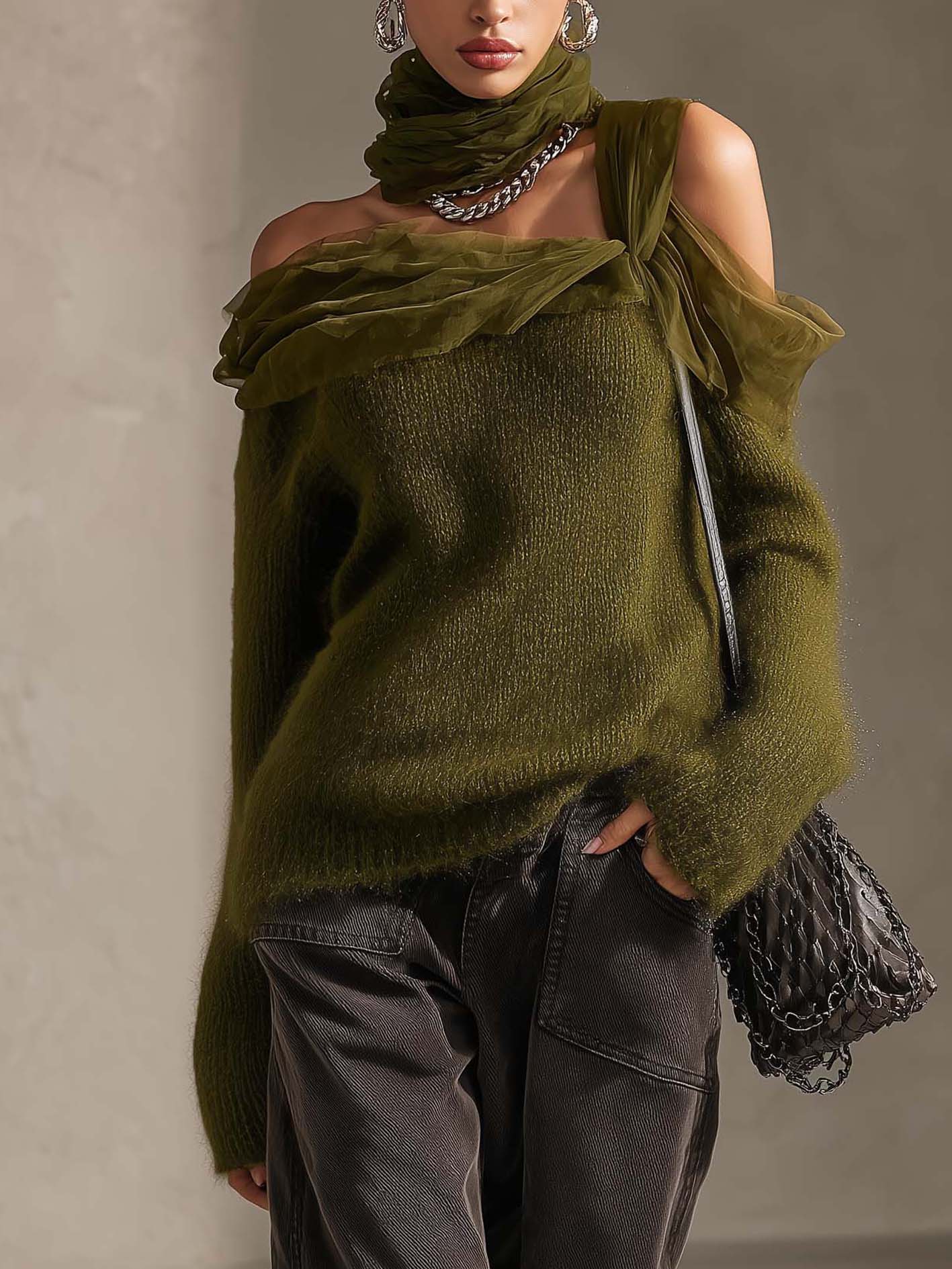 Olive Green Off Shoulder Chiffon Ruffle Strap Mohair Knit Sweater
