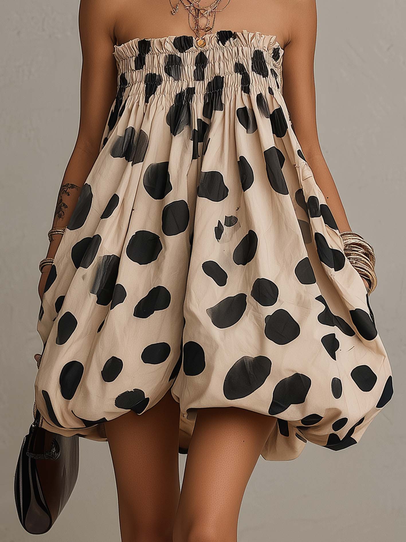 Beige Leopard Print Off Shoulder Bubble Hem Mini Dress