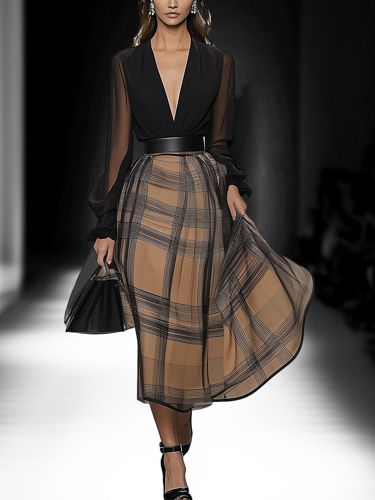 Black Sheer Top With Plaid Midi Dress
