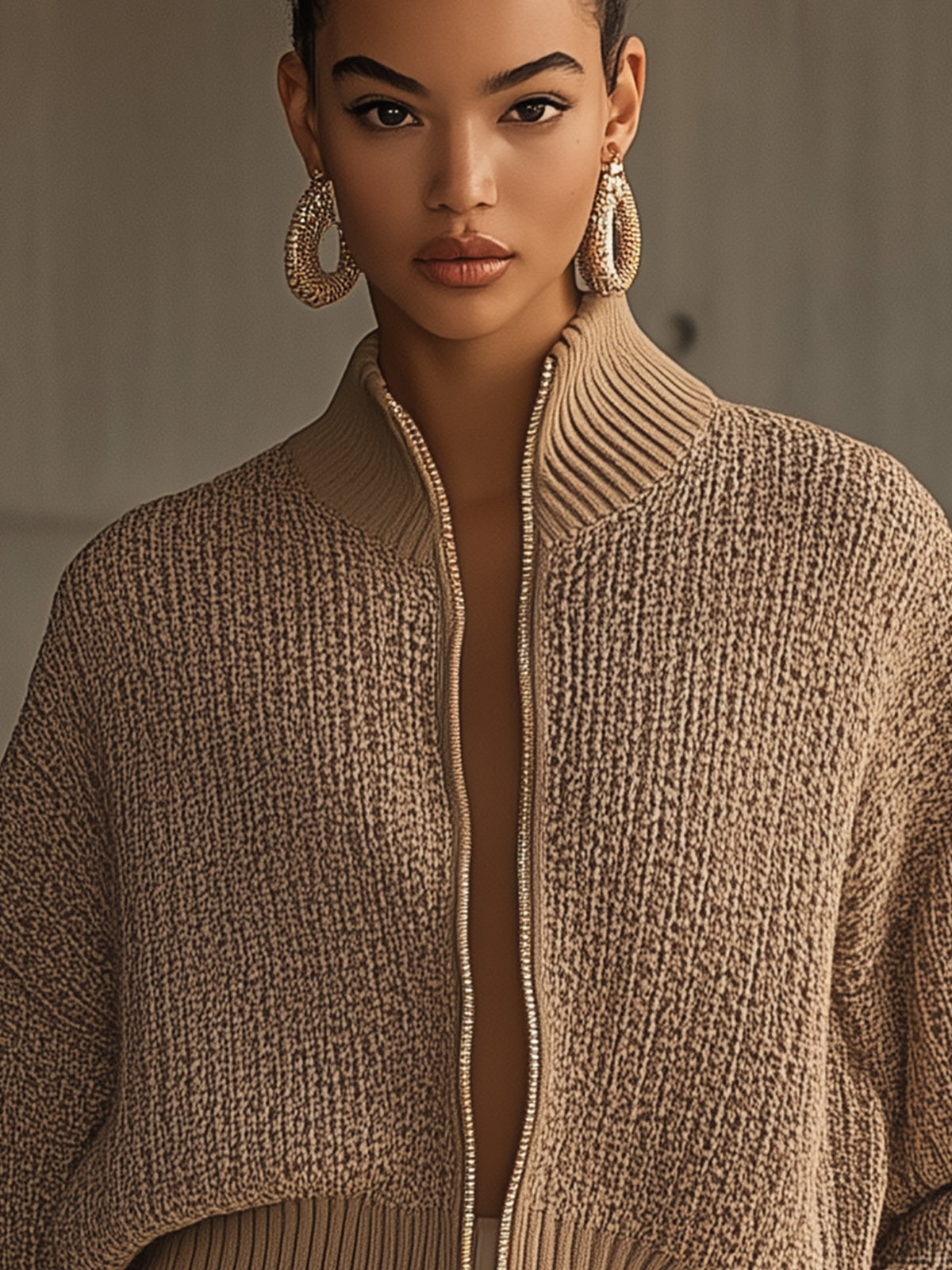Beige Ribbed Zip-Up Knit Bomber Jacket