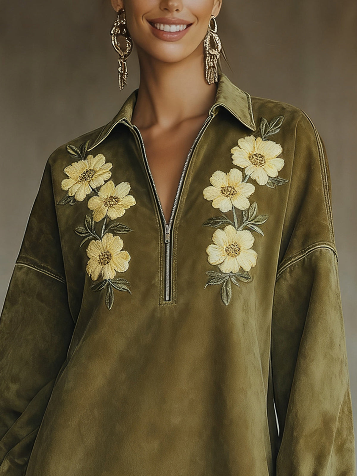 Olive Faux Suede Mini Dress With Floral Embroidery