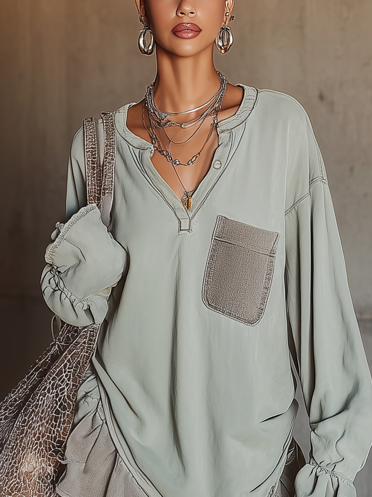 Blue-green Blend Denim V-neck Long-sleeved Loose Mini Dress