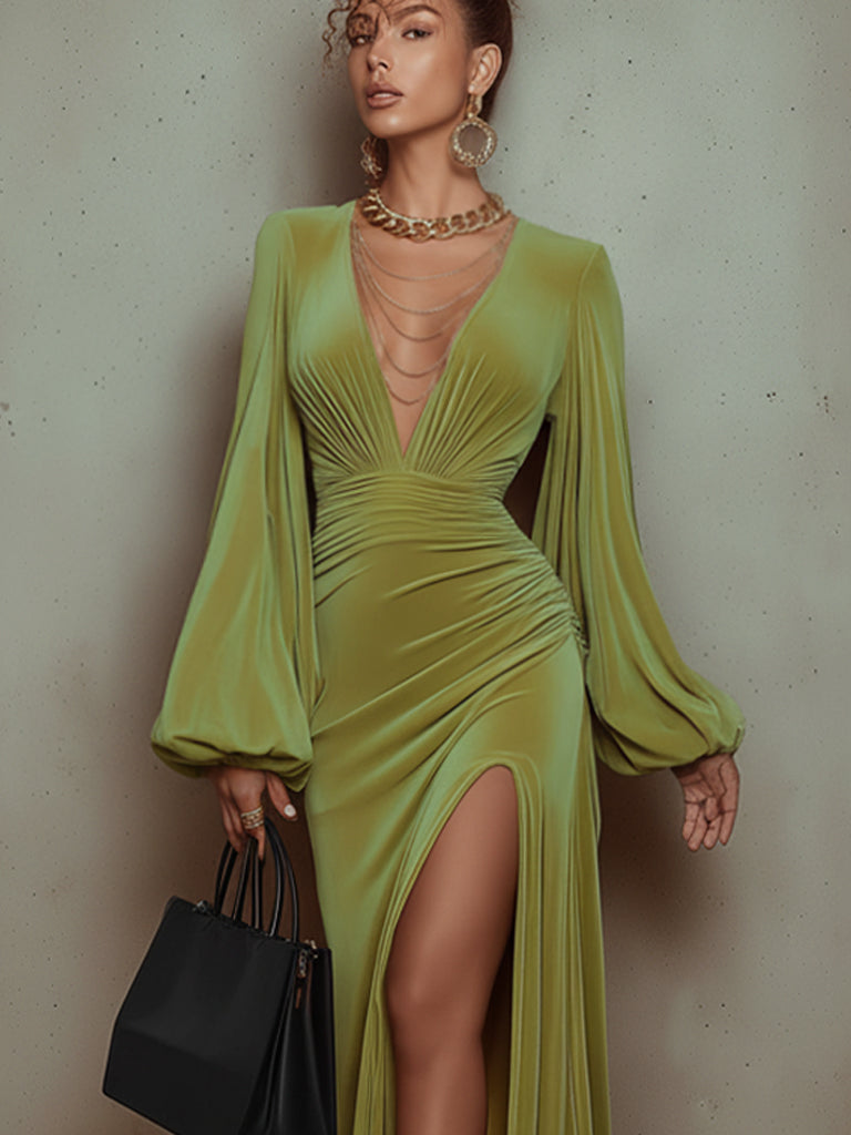 Green Velvet Deep V-Neck Chain Detail Long Sleeve Maxi Dress