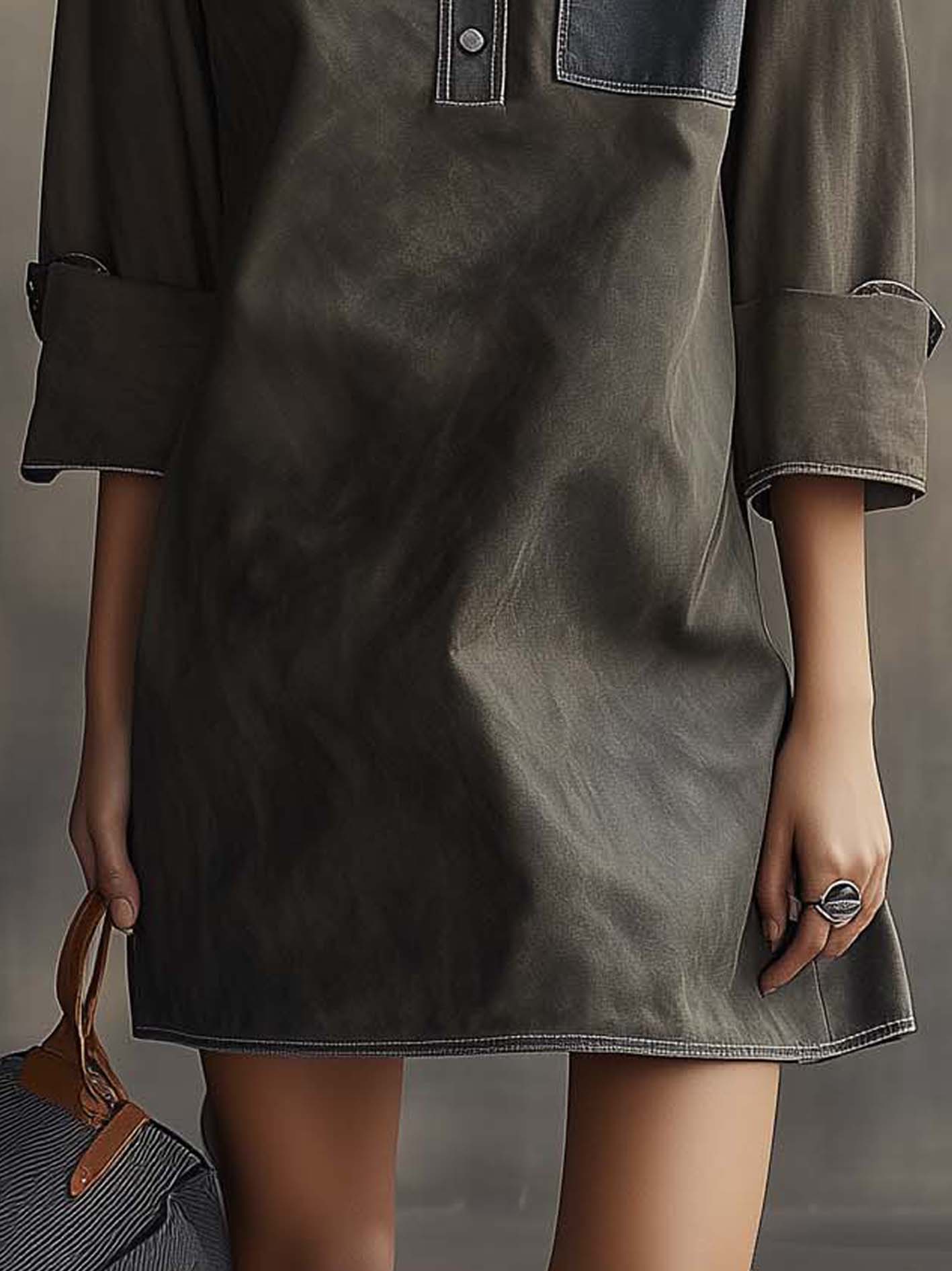 Gray Faux Suede Vintage Mini Dress With Denim Lapels