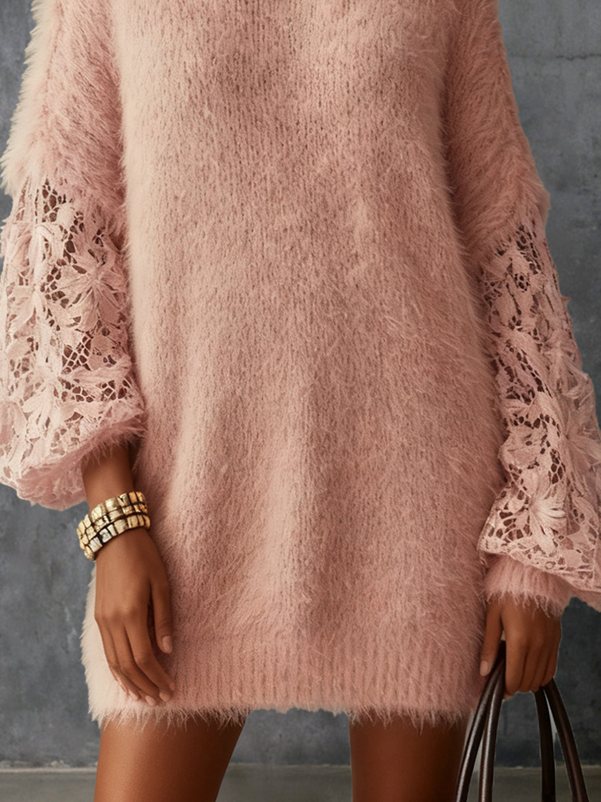 Pink Fuzzy Knit Dress With Lace Sleeves