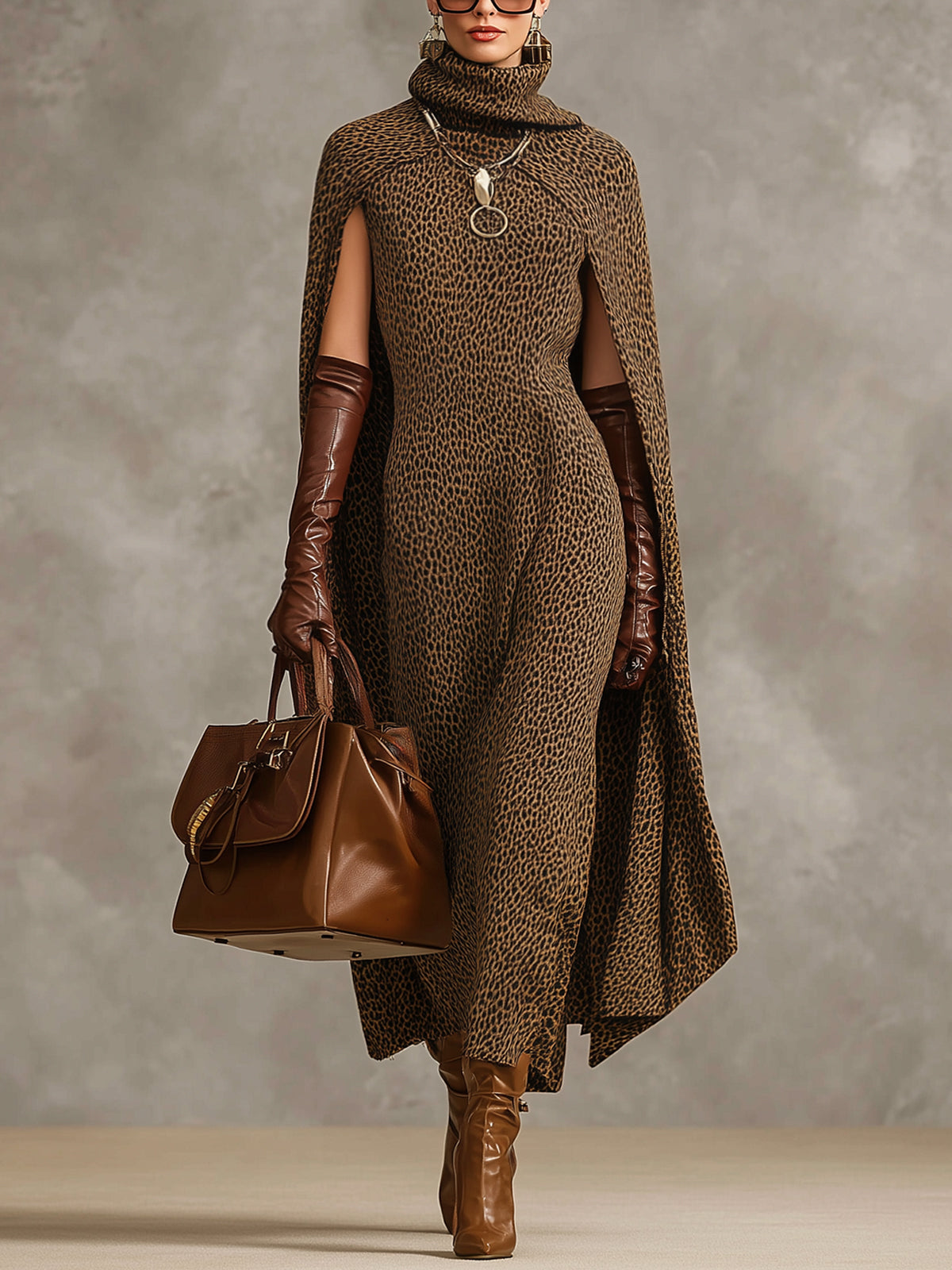 Brown Leopard Print Knit Cape Two Piece Set