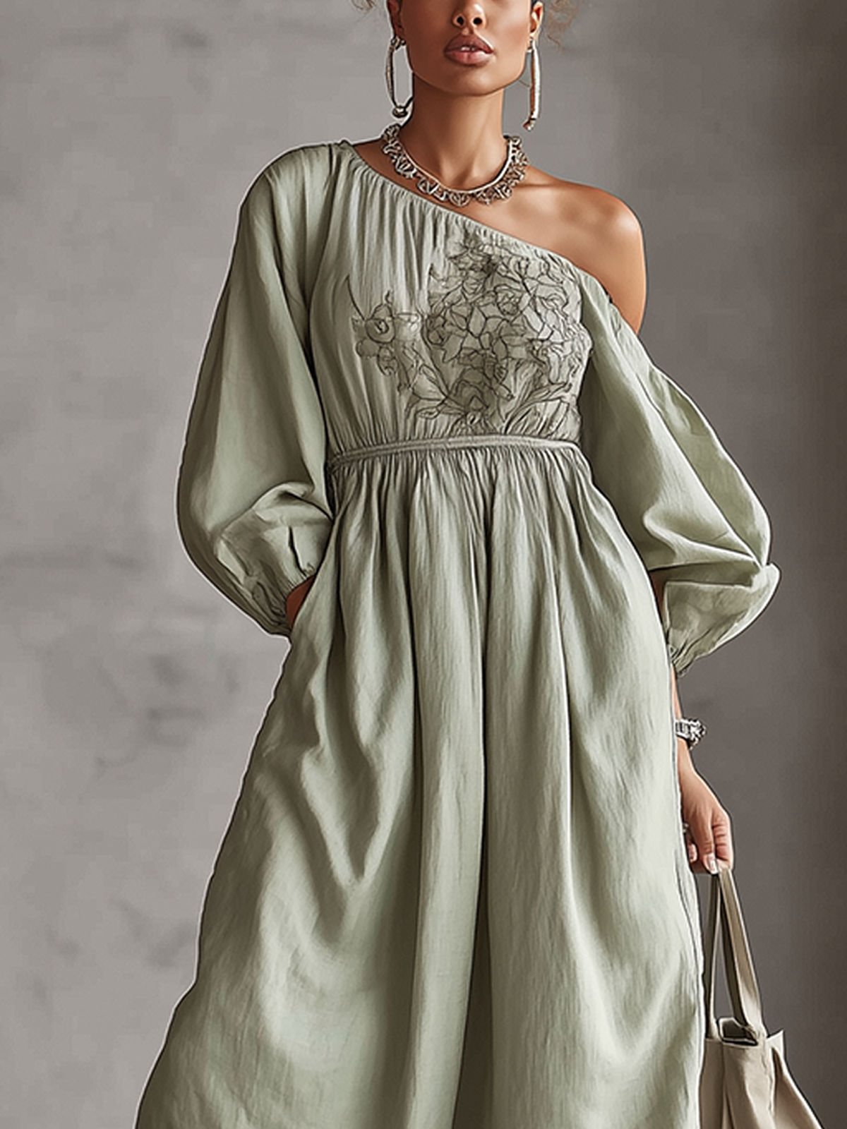 Green One-Shoulder Embroidered Balloon Sleeve Midi Dress