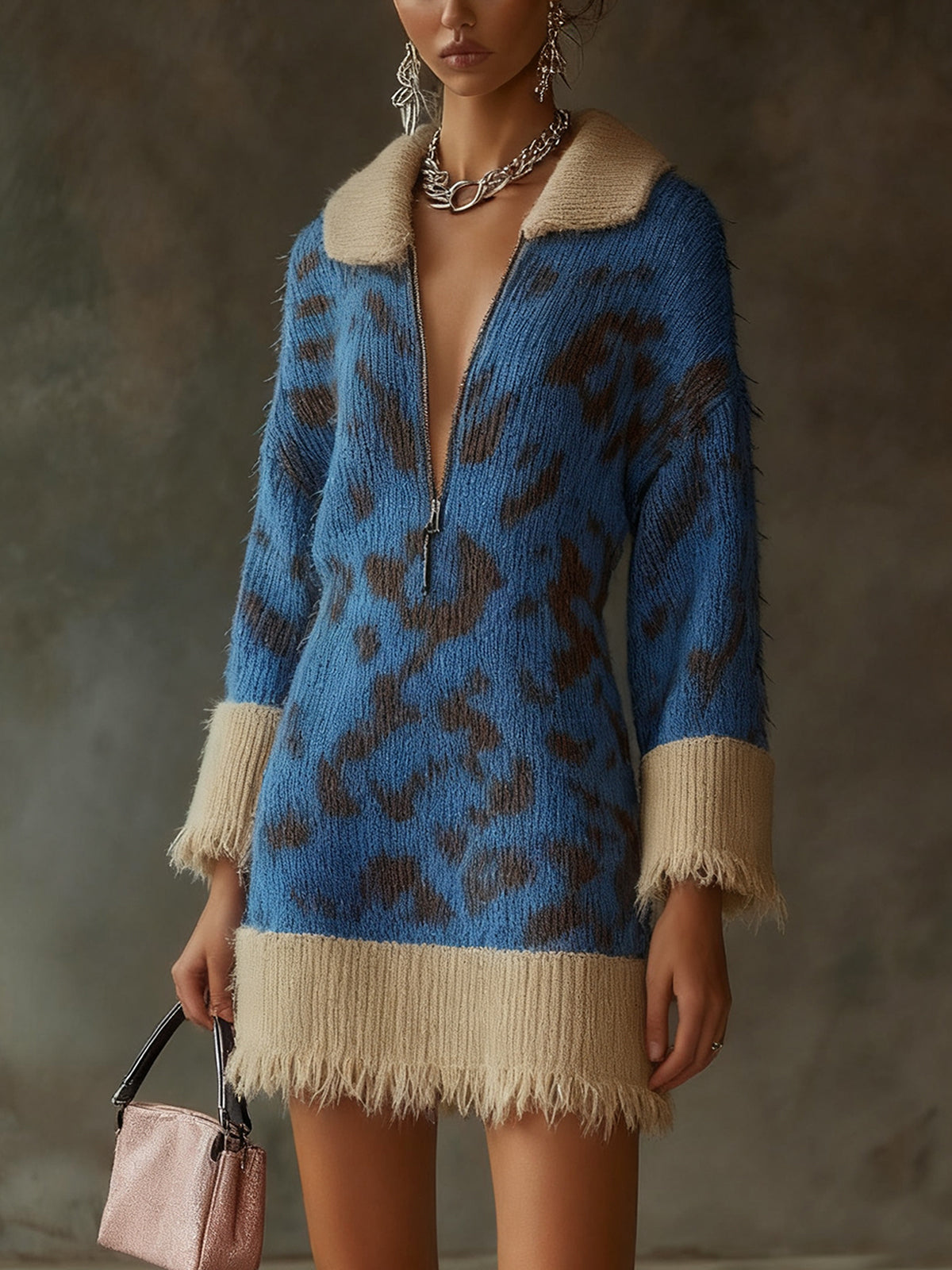 Blue Leopard Print Knit Dress With Beige Trim And Zip Neckline