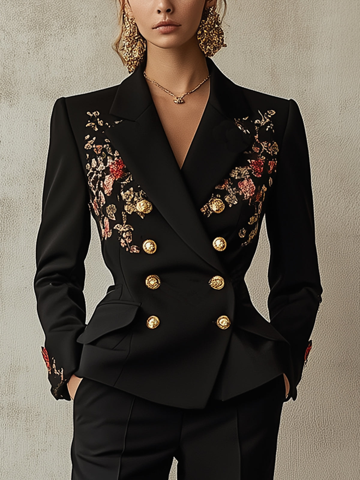 Black Double Breasted Blazer With Floral Embroidery And Gold Buttons Suit