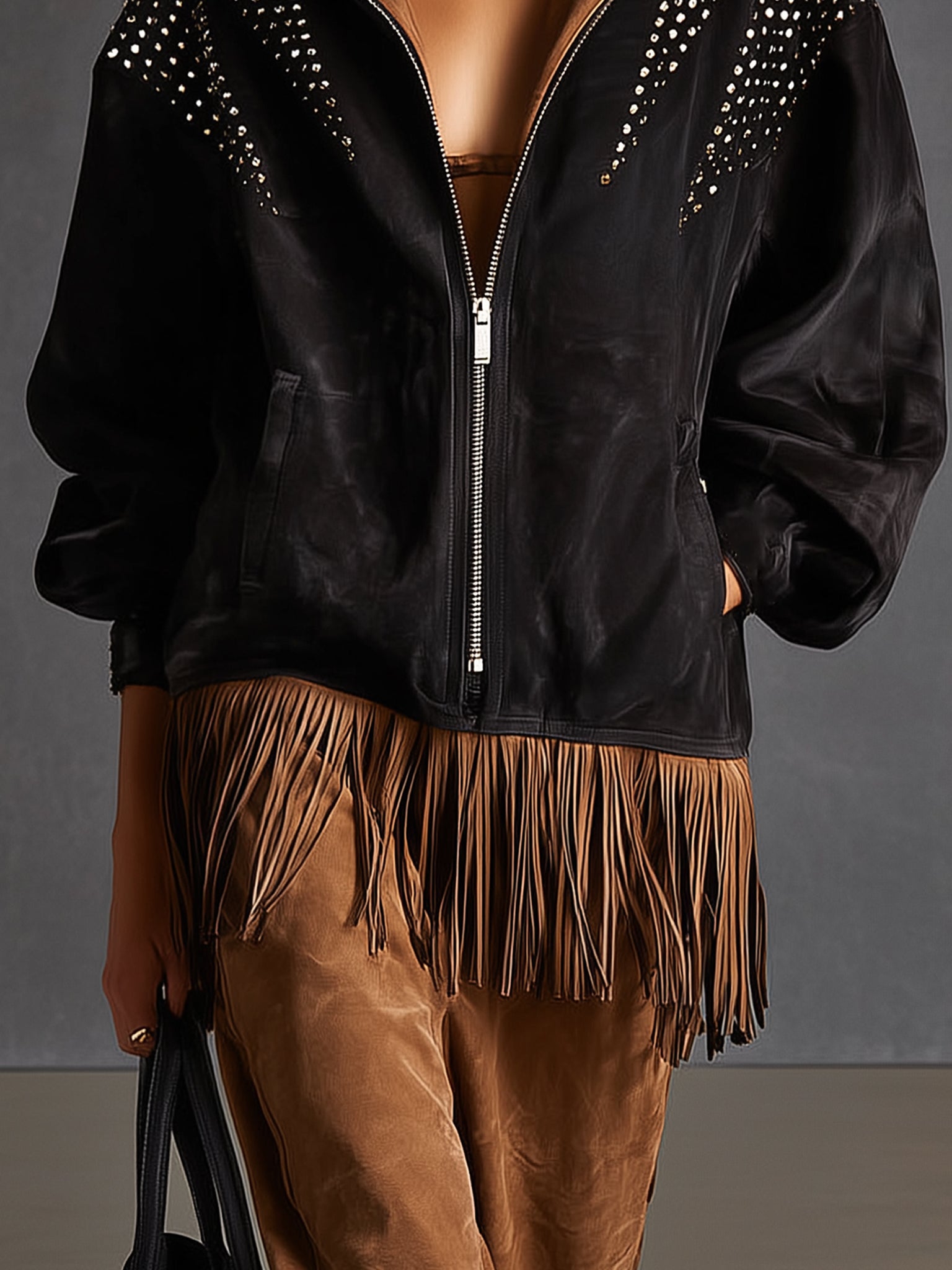 Black Washed Distressed Faux Suede Long Sleeve Jacket With Rhinestone Fringe