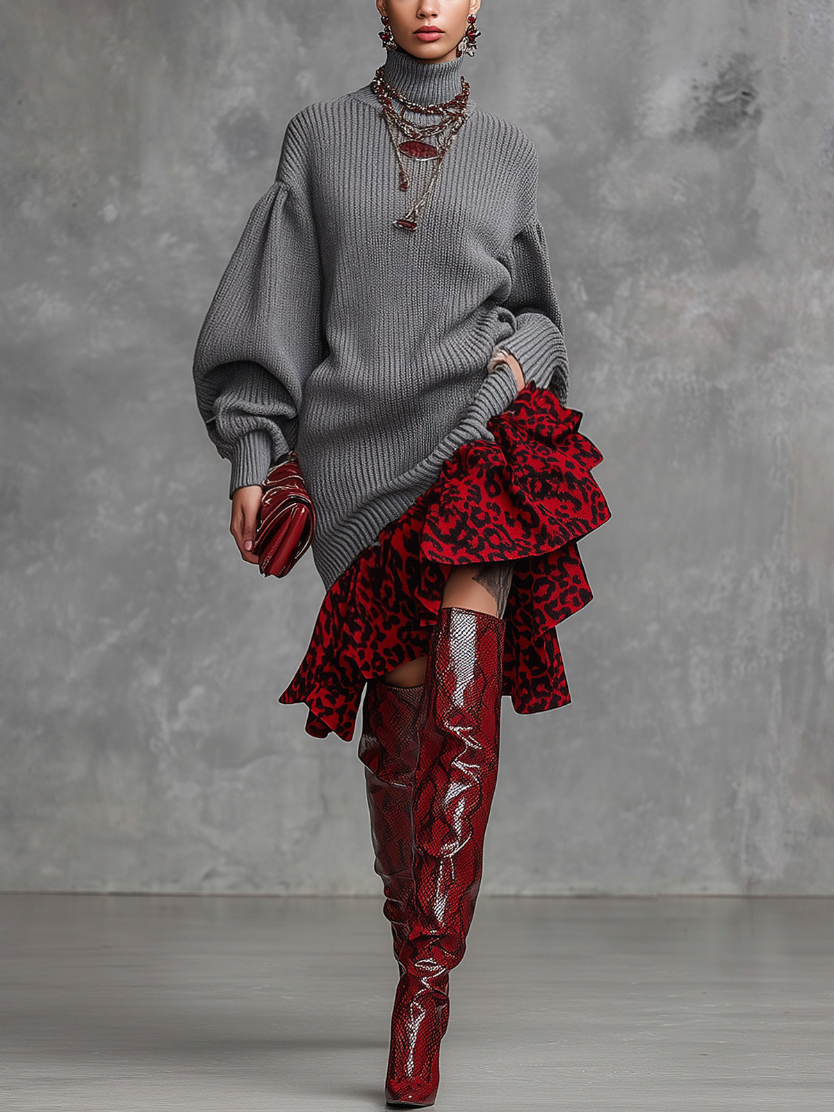 Gray Knit Turtleneck  Midi Dress With Red Leopard Print Ruffled Hem