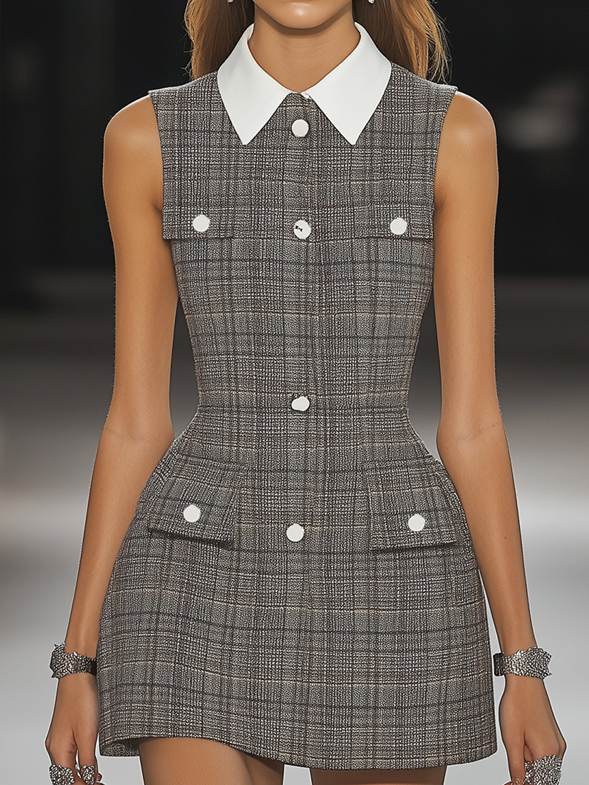 Gray Plaid Sleeveless Mini Dress With Contrast Collar