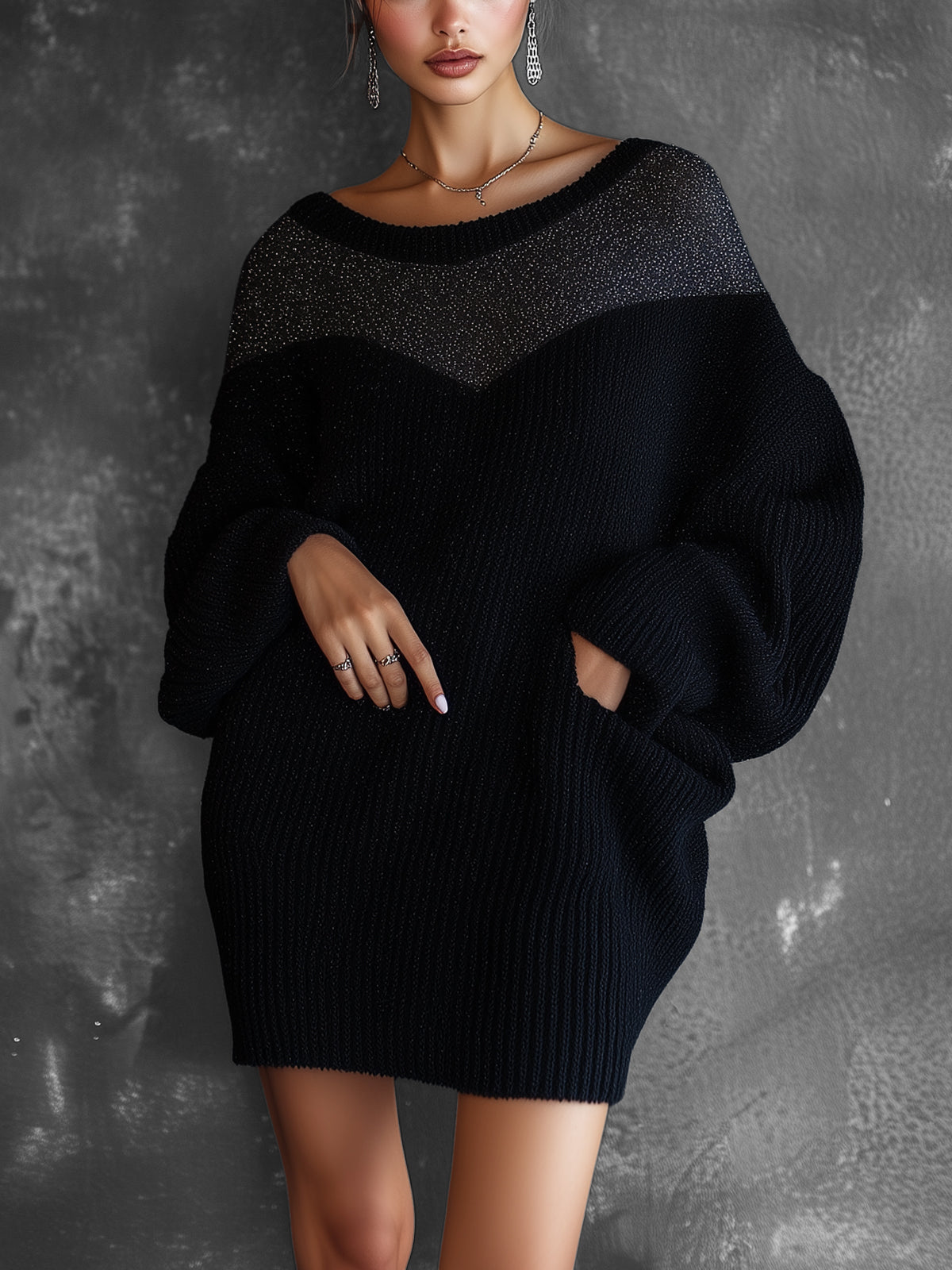 Black Oversized Knit Sweater Dress With Metallic Detail