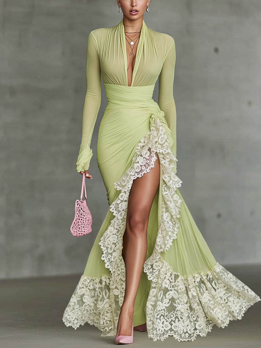 Avocado Green Chiffon Mermaid Lace Bodycon Dress