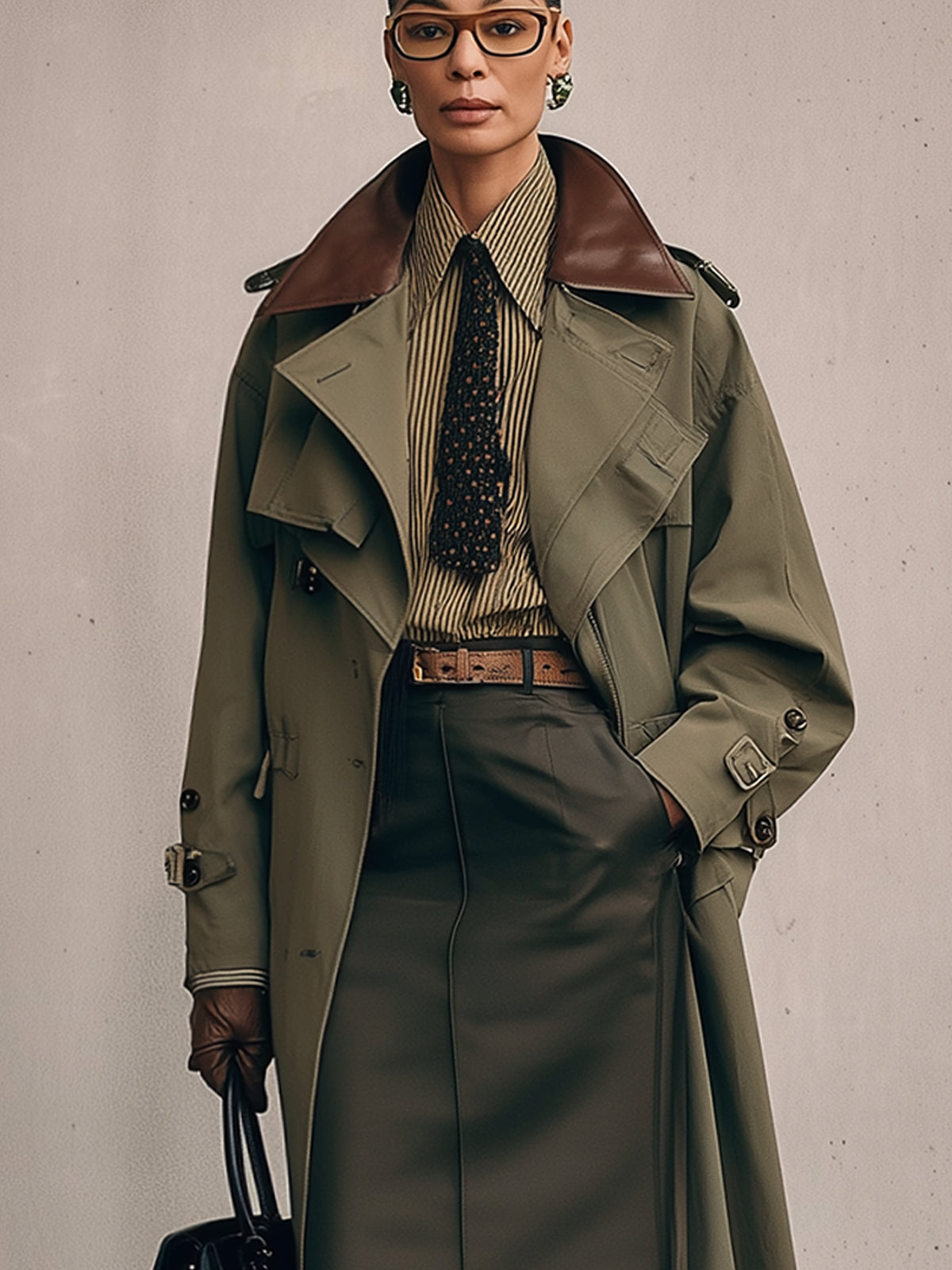 Olive Double Breasted Trench Coat With Contrast Collar