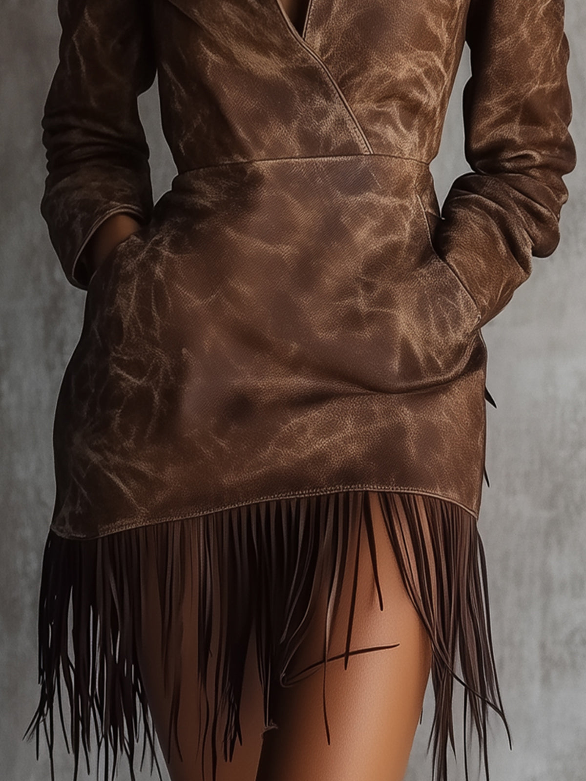 Brown Faux Leather Dress With Fringe Hem