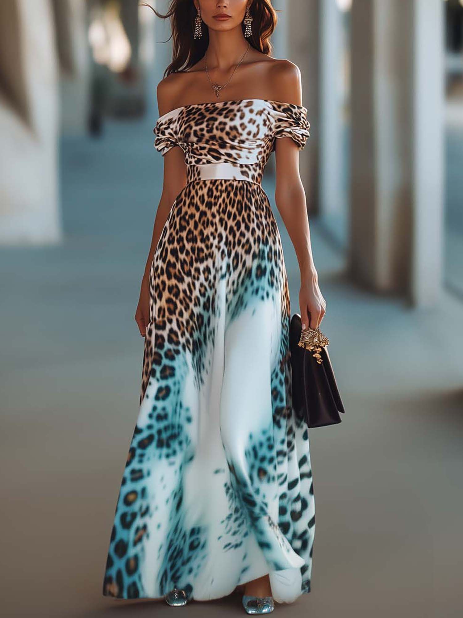 Off Shoulder White Maxi Dress With Gradient Leopard Print