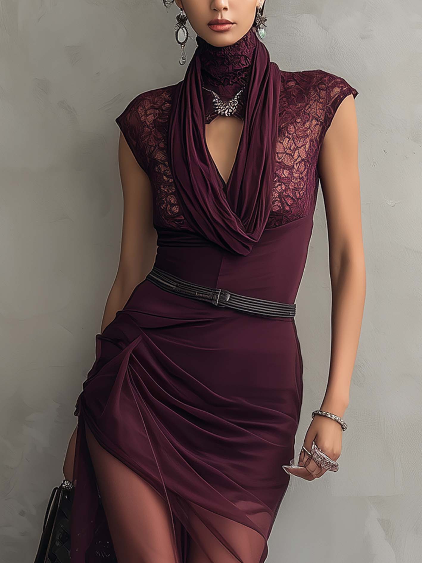 Burgundy Lace Neck Chiffon Panel Bodycon Dress