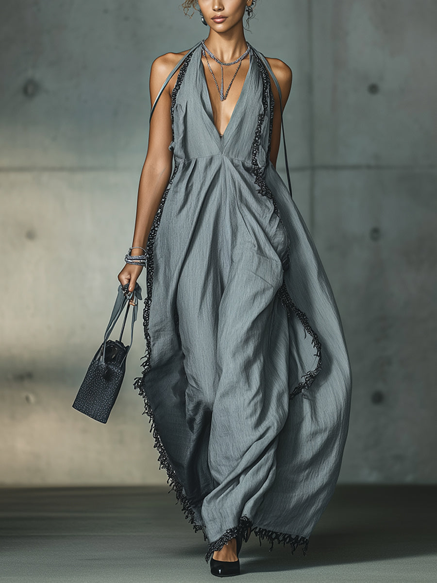 Blue Sleeveless Deep V-Neck Maxi Dress With Black Lace Trim