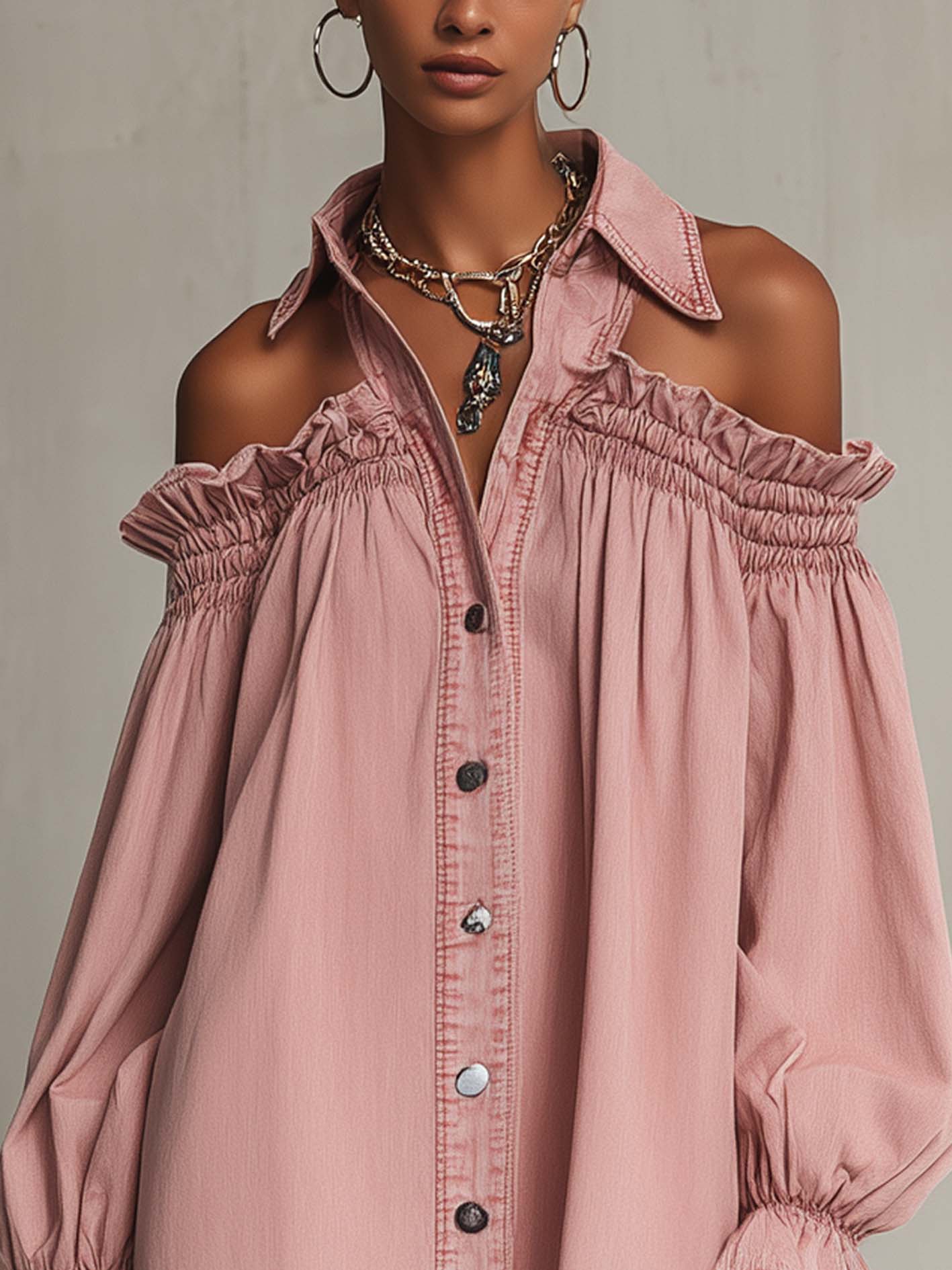 Pink Cold Shoulder Denim Mini Dress With Turn-Down Collar