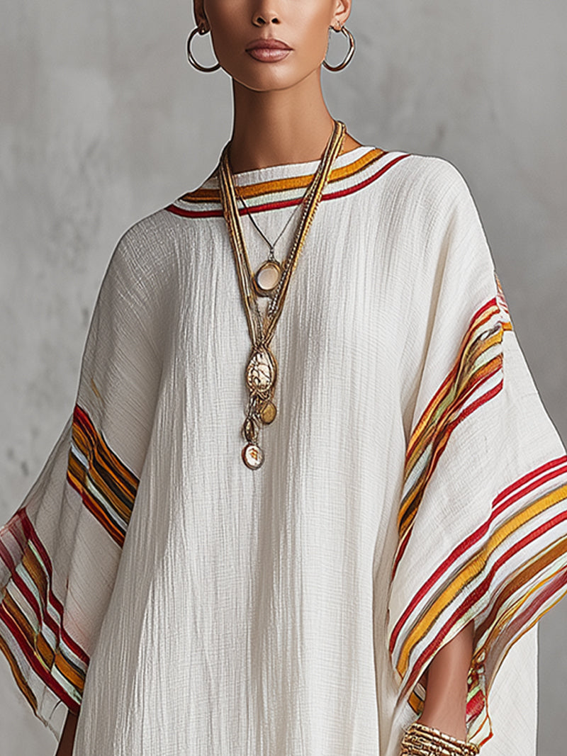 White Boho Striped Trim Kaftan Linen Mini Dress