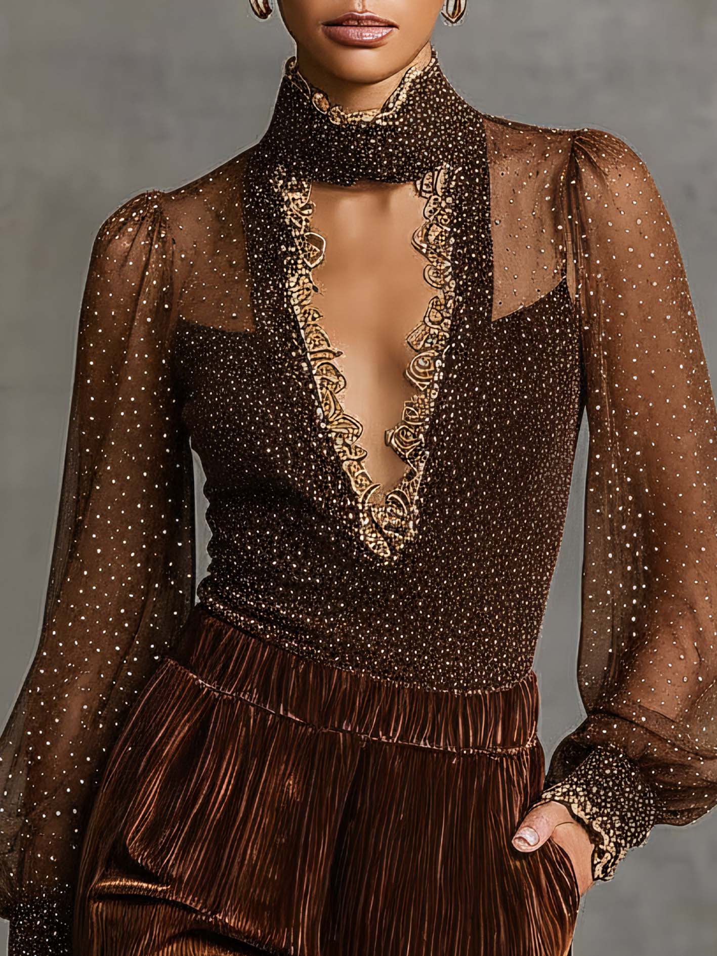 Brown Shimmer Chiffon Shirt With Lace Trim And Sheer Puff Sleeves