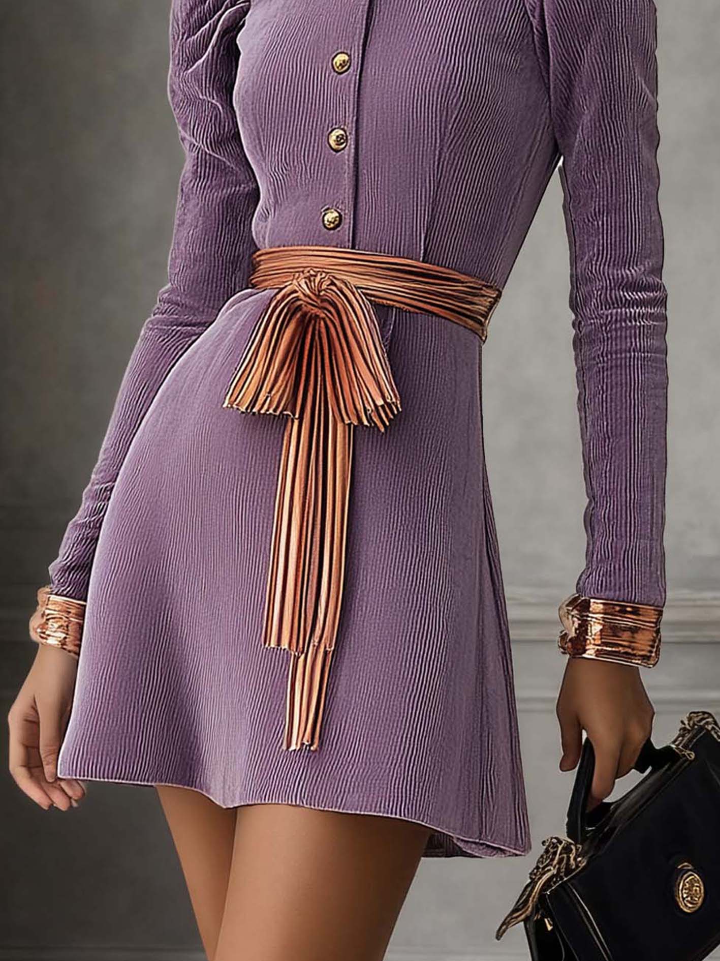Light Purple Corduroy Mini Dress With A Champagne Belt