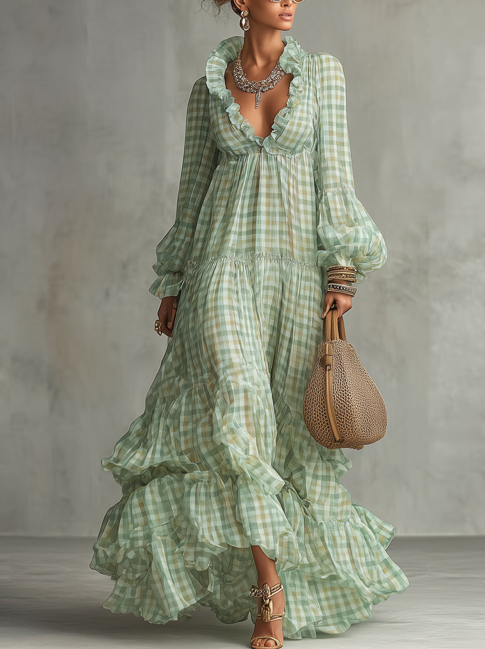 Green Gingham Ruffled V-Neck Chiffon Long Sleeve Maxi Dress