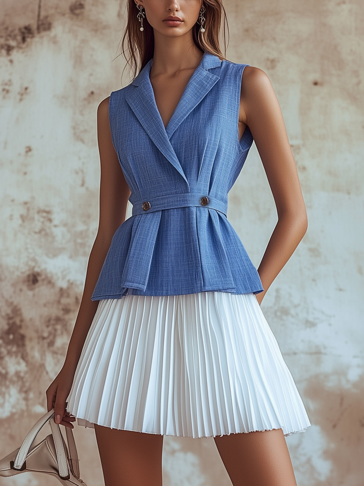 Faux Two-Piece Linen Dress With Lapel Collar And Pleated Hem