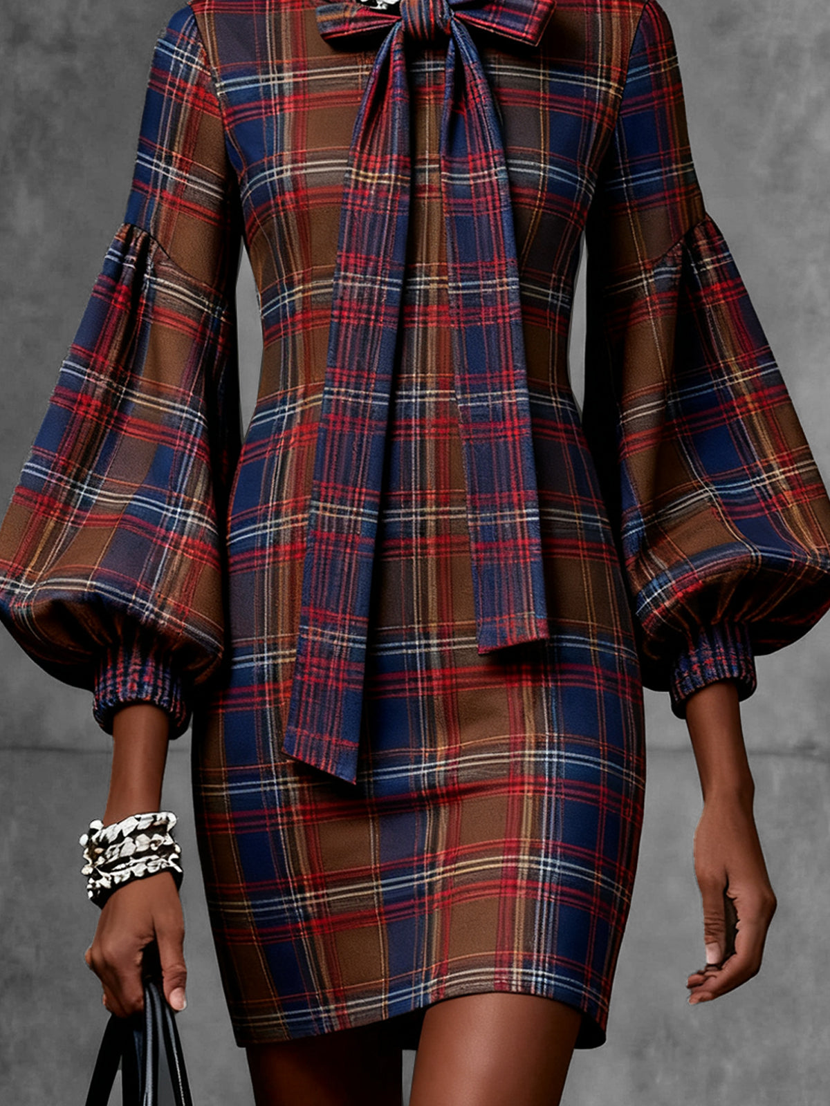 Plaid Puff Sleeve Dress With Bow Tie Neck