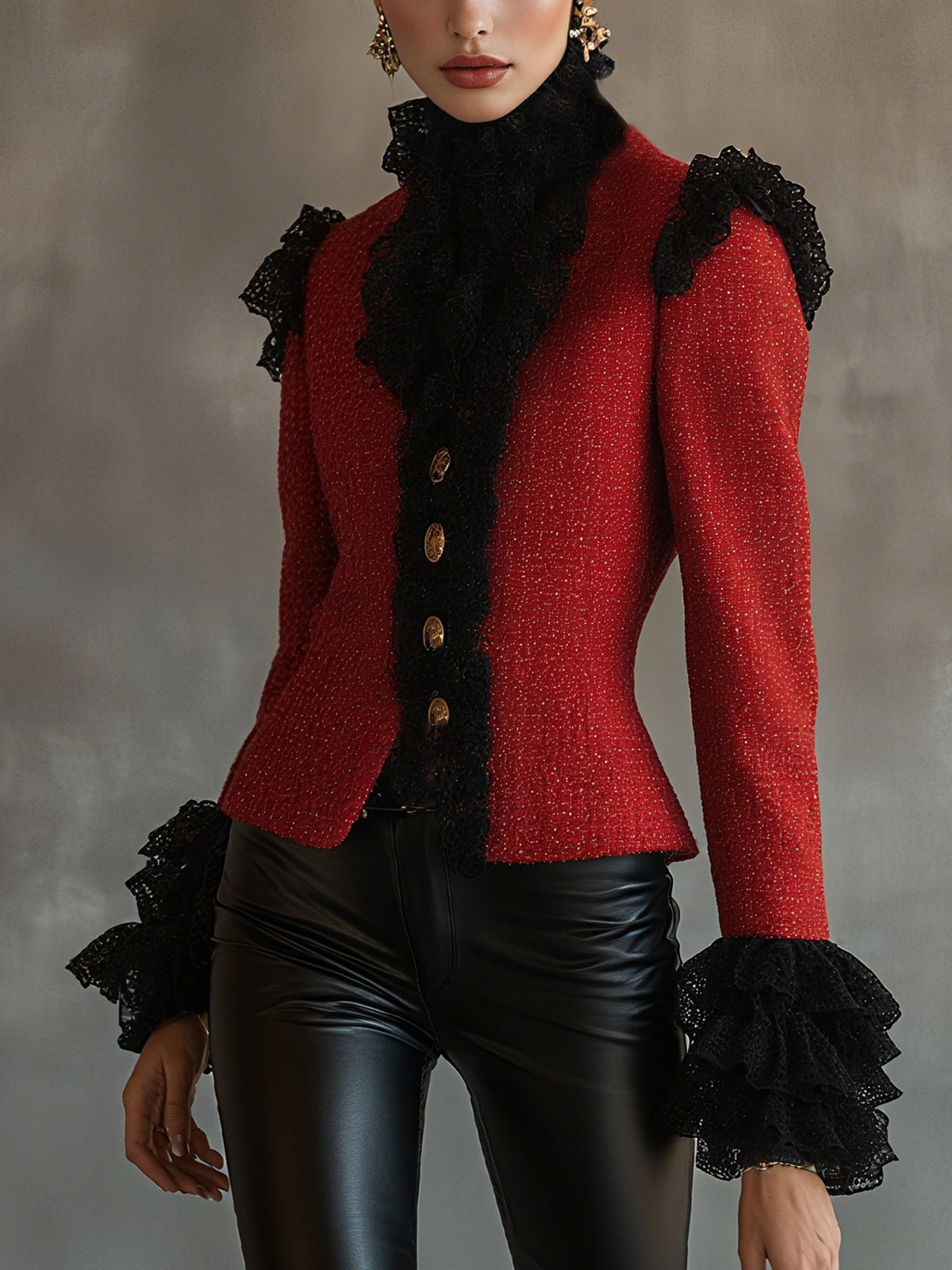 Red Tweed Jacket With Lace Ruffle Detail