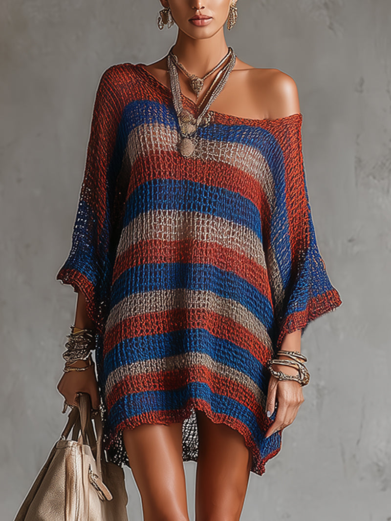 Multicolor Open-Knit Striped Oversized Cover-Up Dress