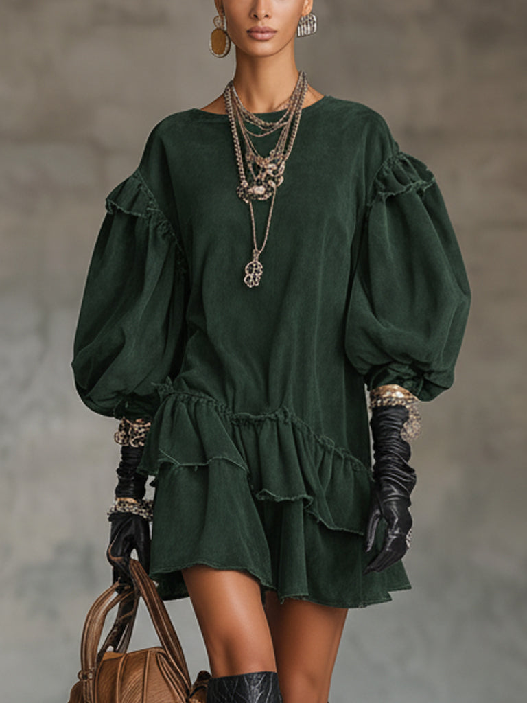 Vintage Forest Green Washed Knit Ruffle Mini Dress