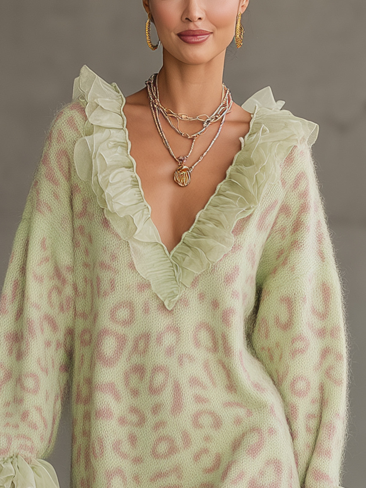 Mint Green Leopard Knit Mini Dress With Sheer Ruffle Trim