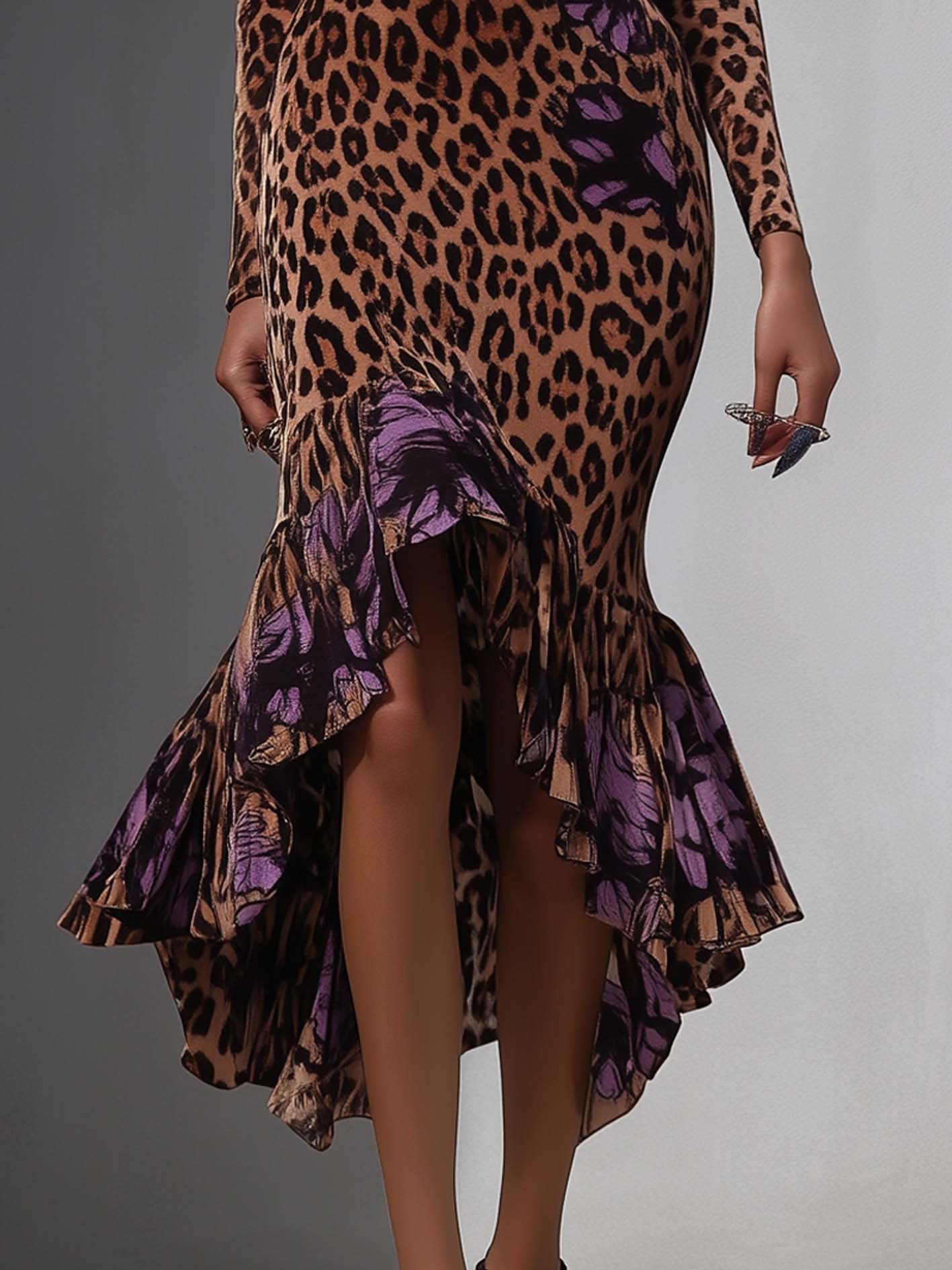 Brown Velvet Midi Bodycon Dress With Purple Flowers And Leopard Print Ruffles