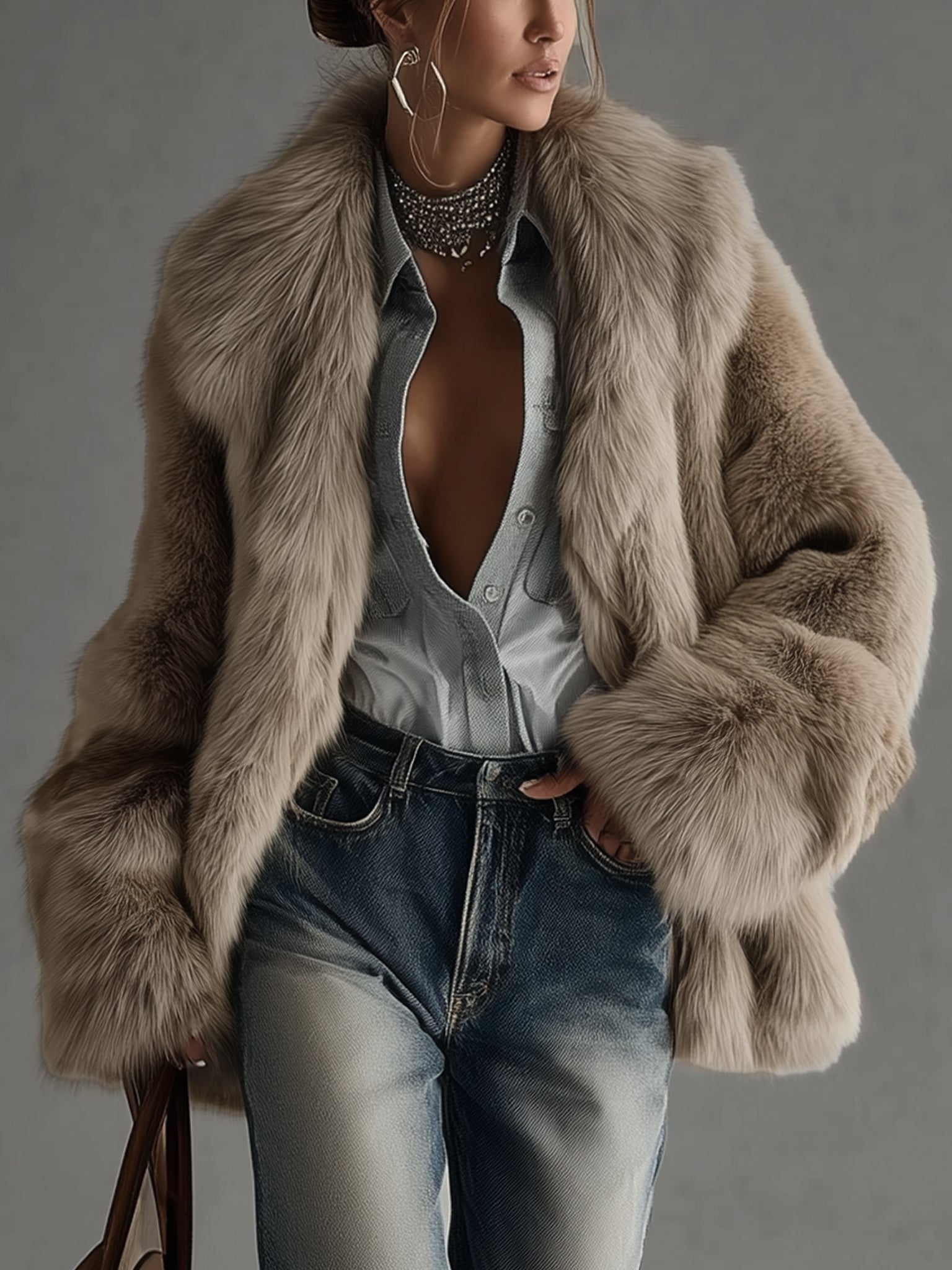Soft Taupe Faux Fur Oversized Long Sleeve Coat