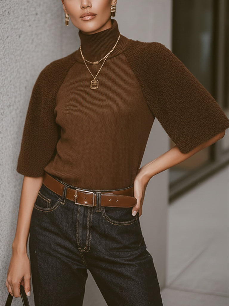 Chocolate Brown Knit Turtleneck With Textured Mid Sleeves
