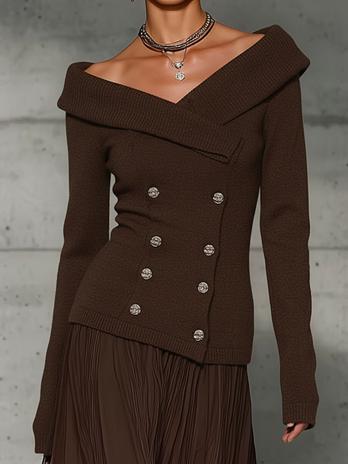 Brown Off-Shoulder Knit Buttoned  Midi Dress