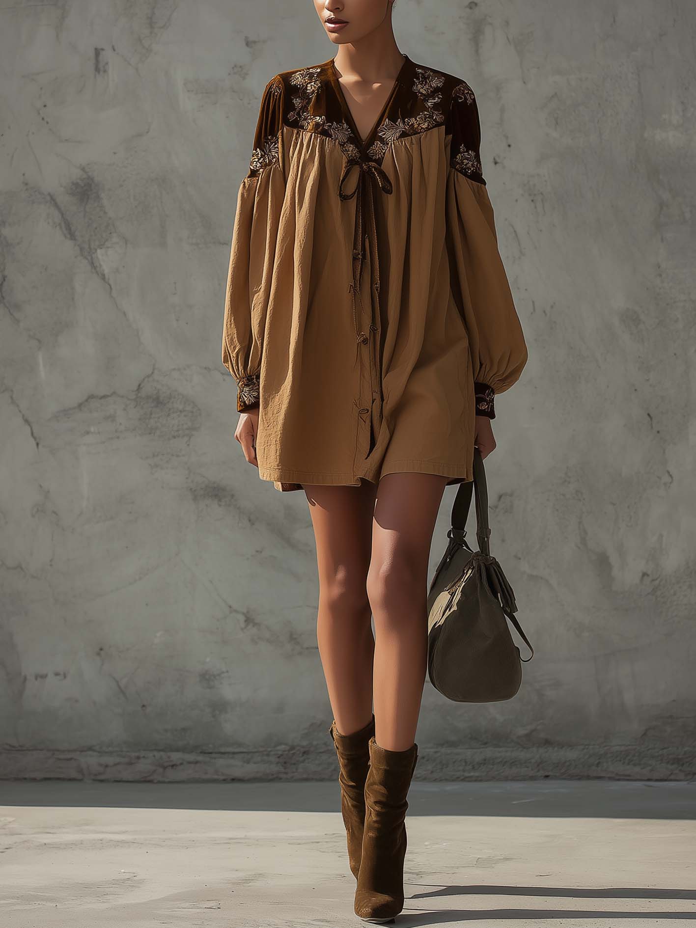 Light Brown Patchwork Velvet Embroidered Mini Dress