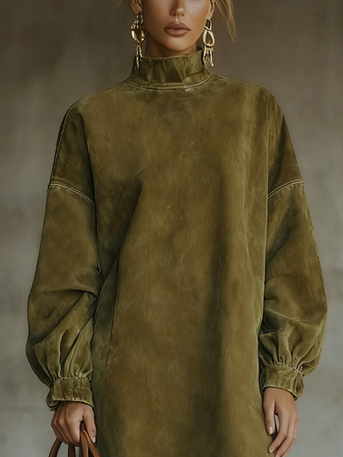 Army Green High Neck Square Suede Maxi Dress With Lace Hem