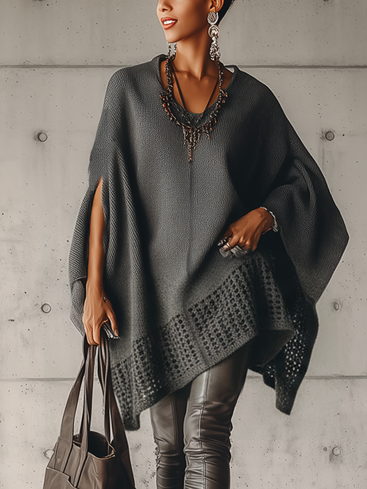 Gray Textured Knit V-Neck Poncho With Open Sides Sweater